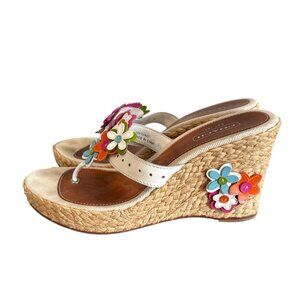 Coach Jesica White Multi Leather Floral Appliqué Espadrille Wedges 9M Heels 3D